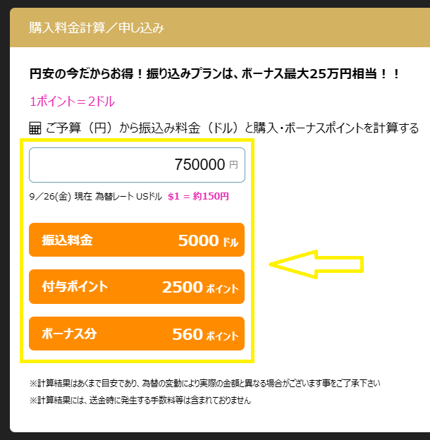 銀行振込で購入した場合の付与ポイント